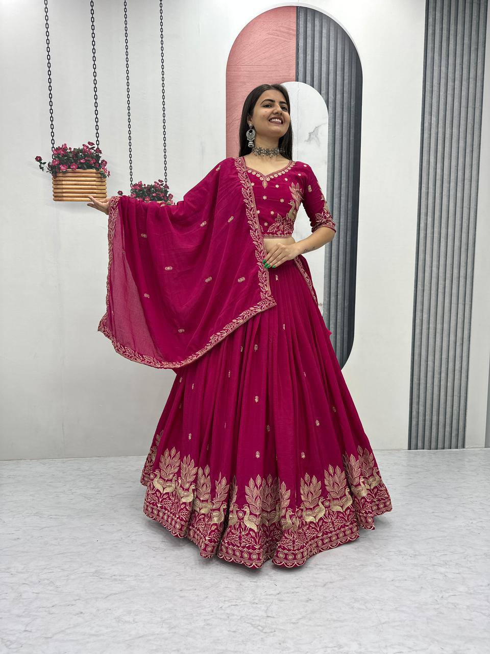 Bhanumati pink chinon embroidery work lehenga choli set