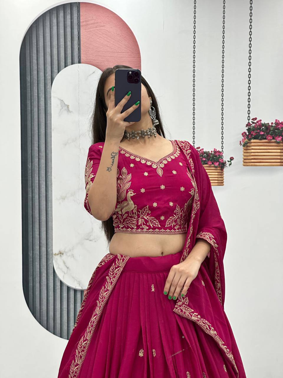 Bhanumati pink chinon embroidery work lehenga choli set