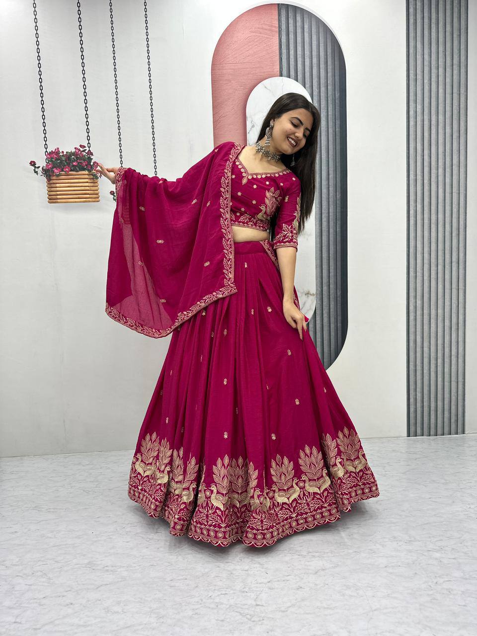 Bhanumati pink chinon embroidery work lehenga choli set