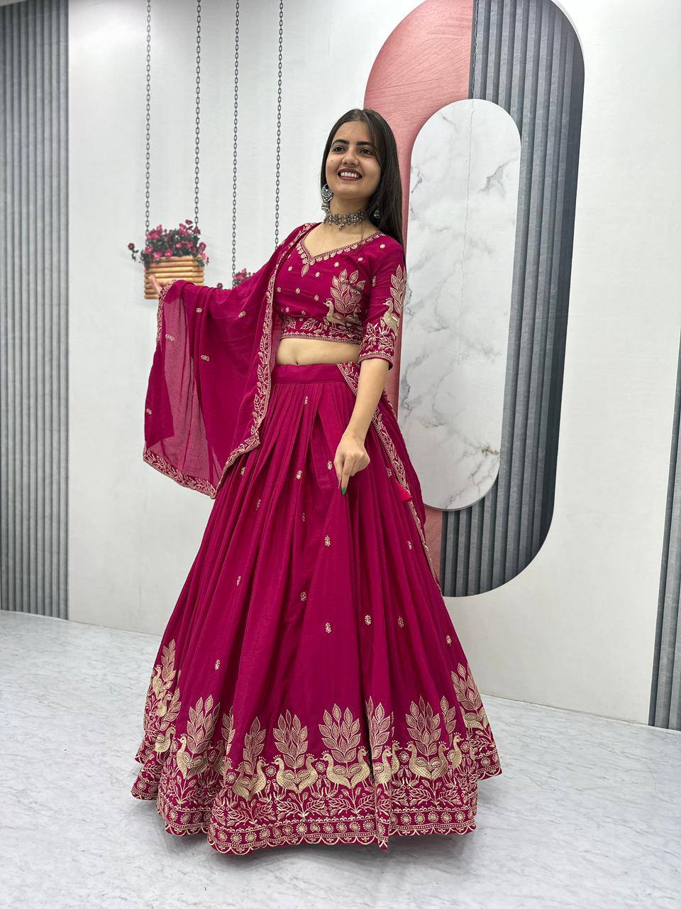 Bhanumati pink chinon embroidery work lehenga choli set