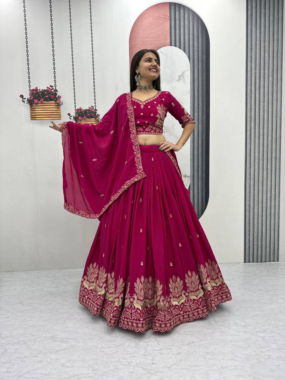 Bhanumati pink chinon embroidery work lehenga choli set