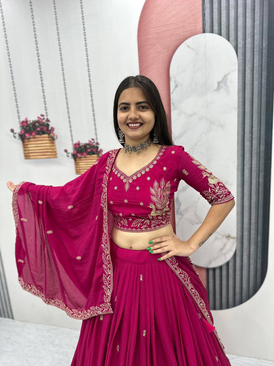Bhanumati pink chinon embroidery work lehenga choli set