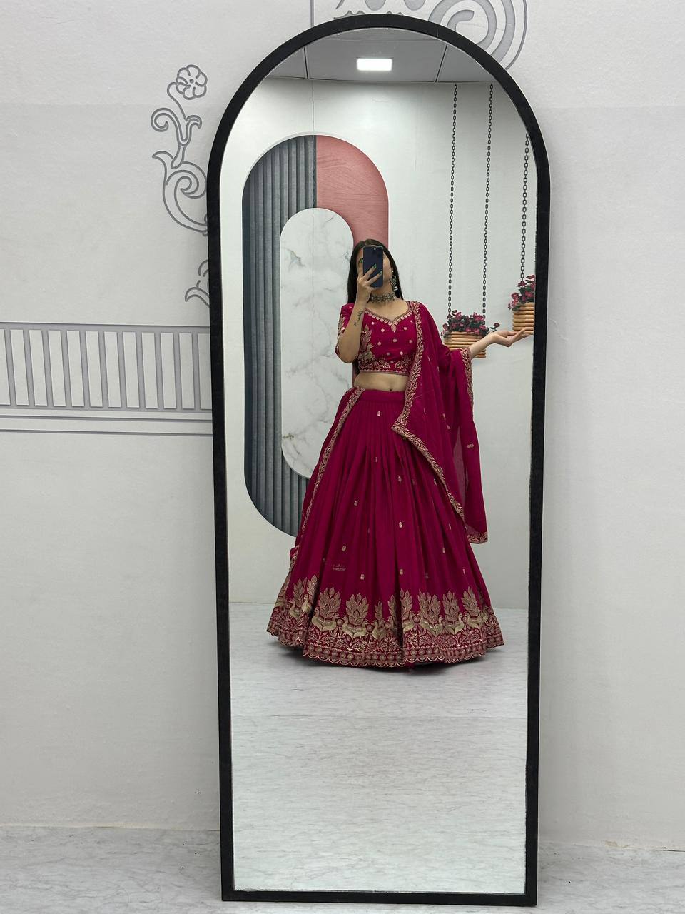 Bhanumati pink chinon embroidery work lehenga choli set