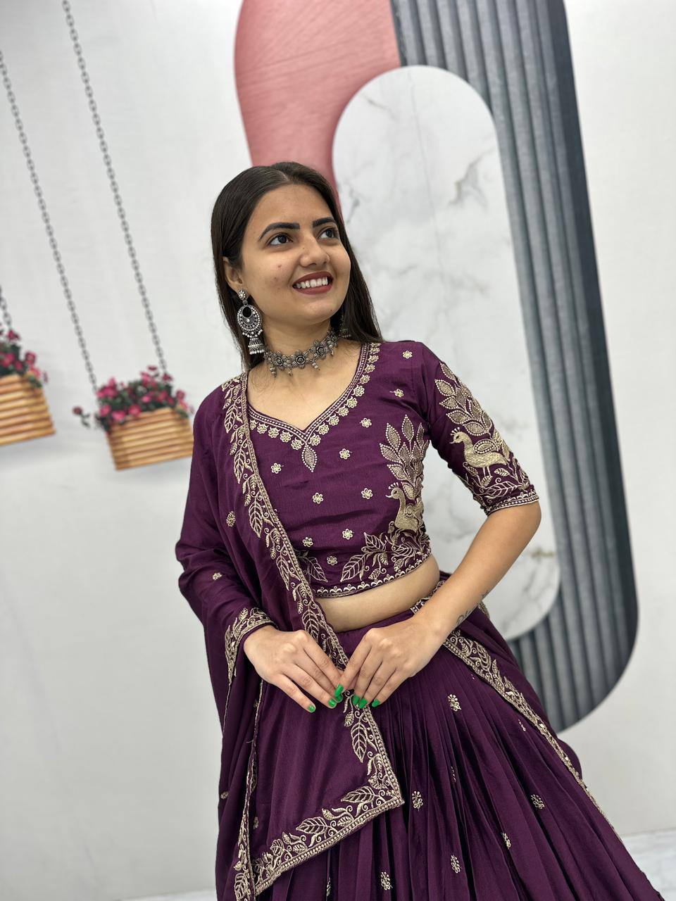 Bhanumati wine purple chinon embroidery work lehenga choli set