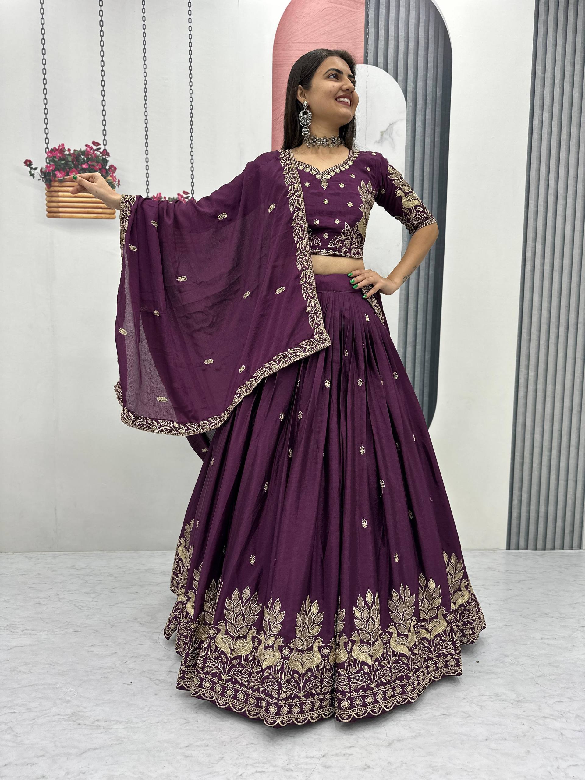 Bhanumati wine purple chinon embroidery work lehenga choli set