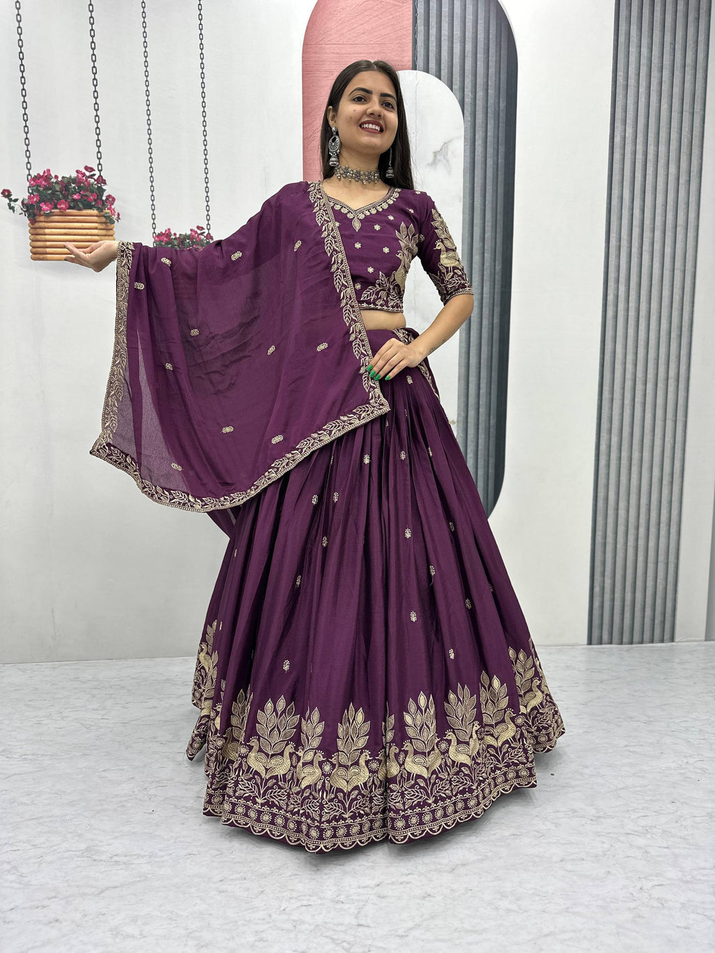 Bhanumati wine purple chinon embroidery work lehenga choli set