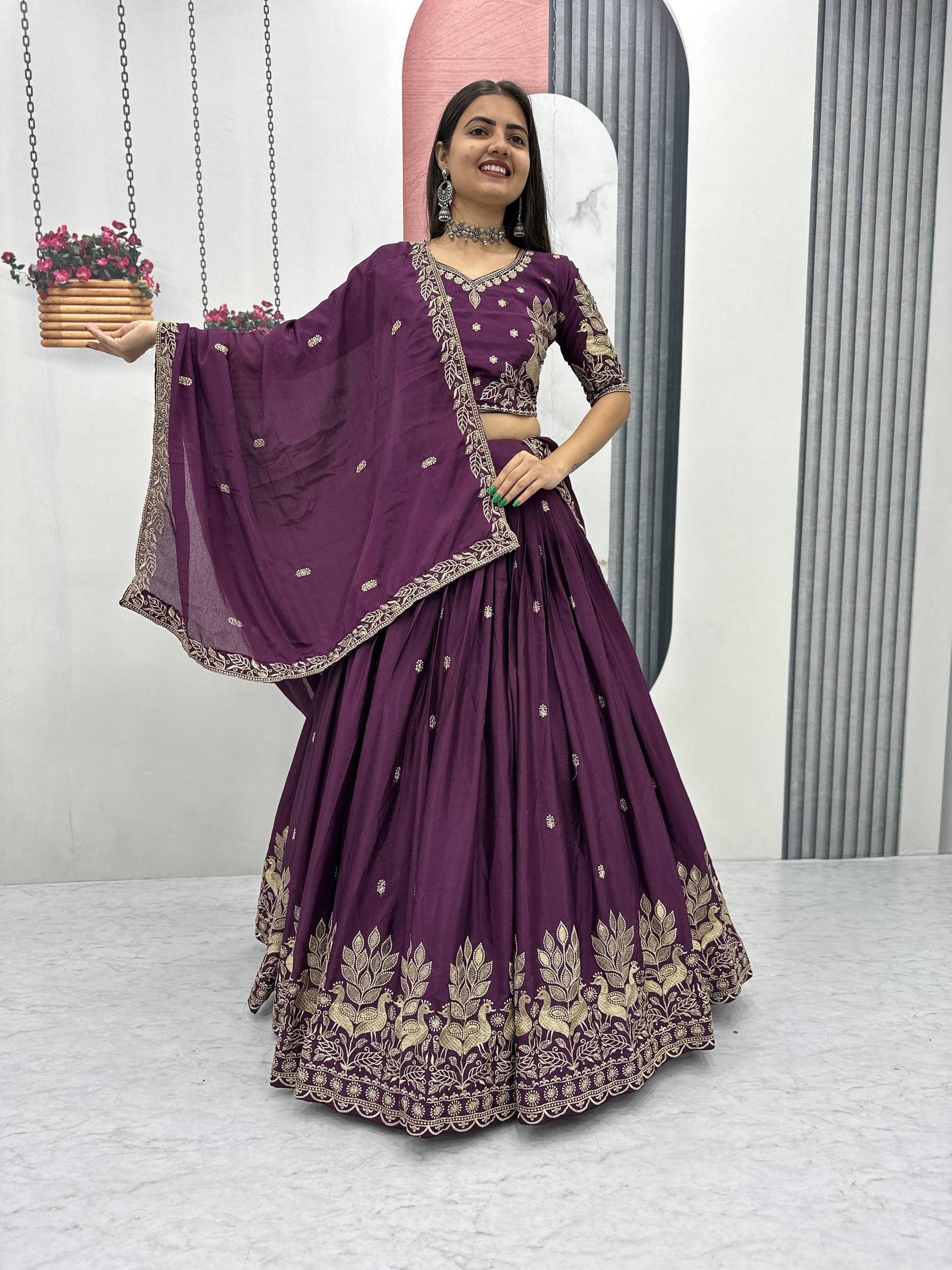 Bhanumati wine purple chinon embroidery work lehenga choli set