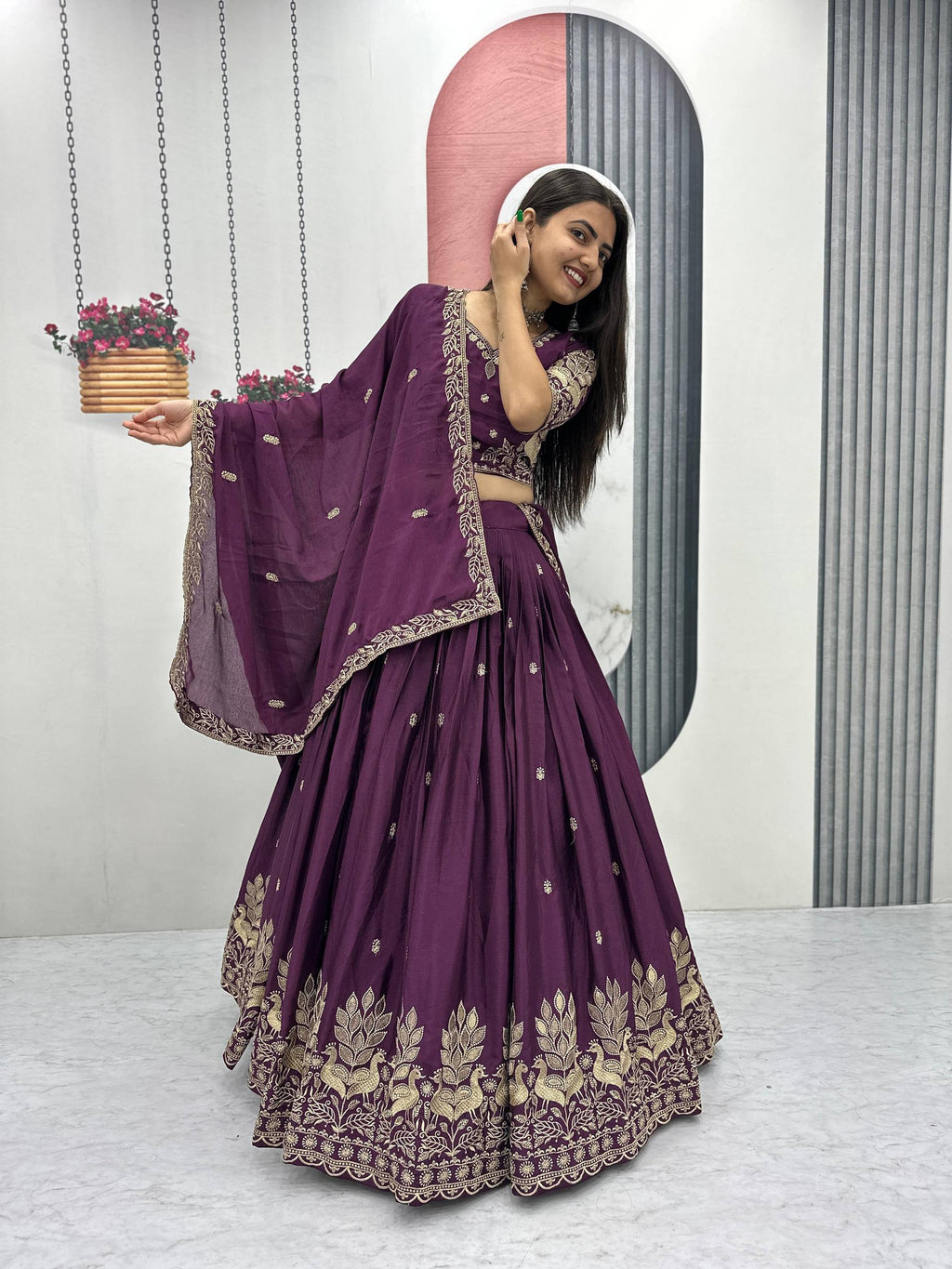 Bhanumati wine purple chinon embroidery work lehenga choli set