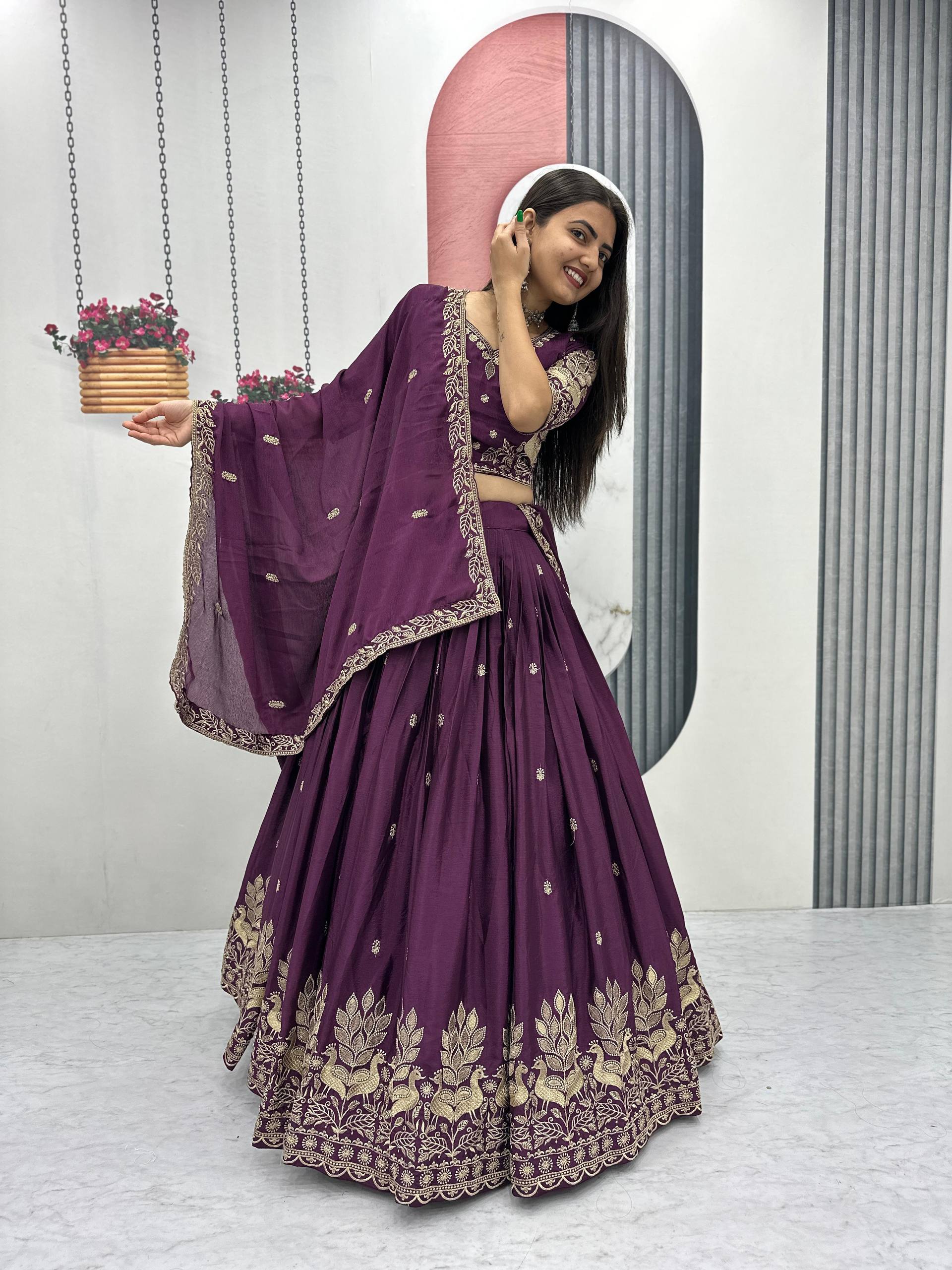 Bhanumati wine purple chinon embroidery work lehenga choli set