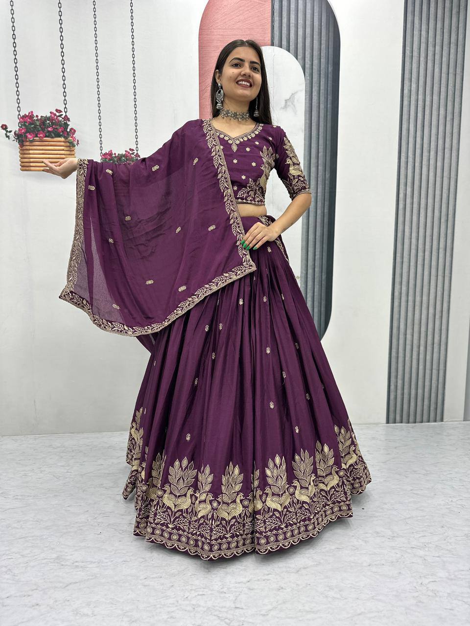 Bhanumati wine purple chinon embroidery work lehenga choli set
