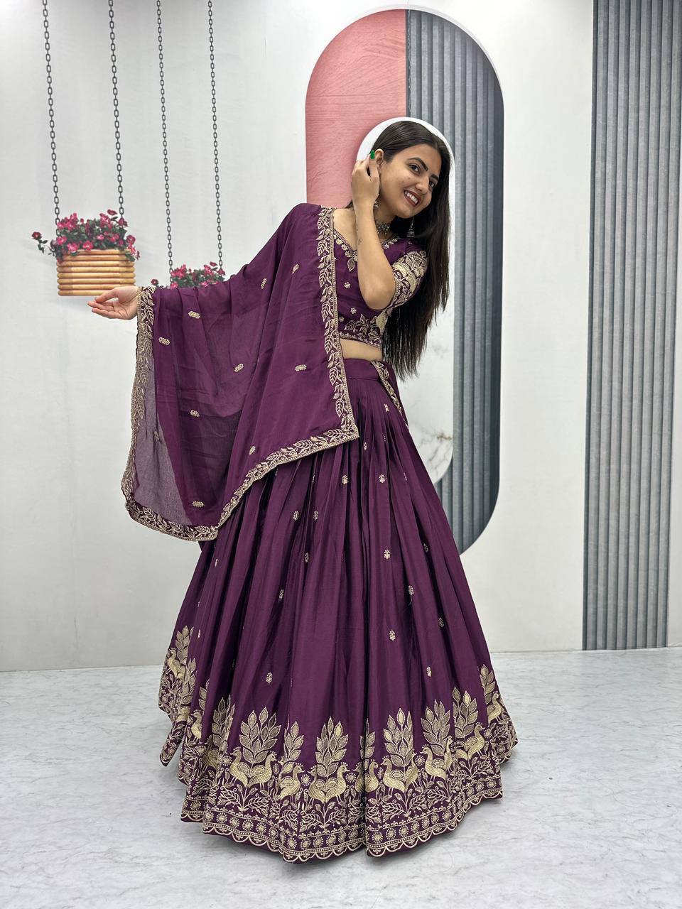 Bhanumati wine purple chinon embroidery work lehenga choli set