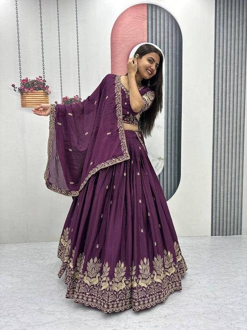 Bhanumati wine purple chinon embroidery work lehenga choli set