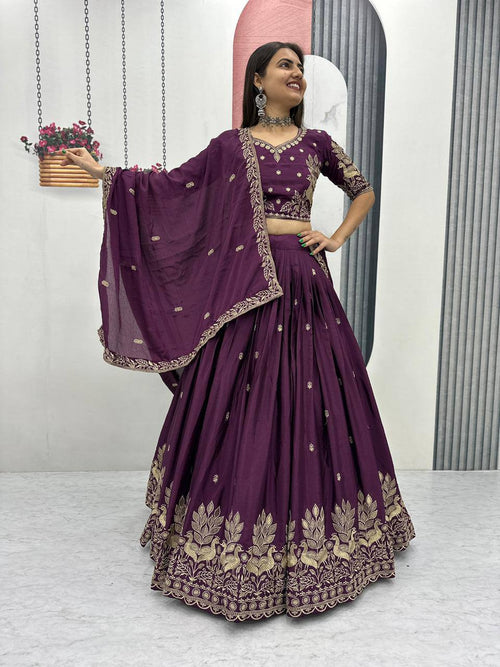 Bhanumati wine purple chinon embroidery work lehenga choli set