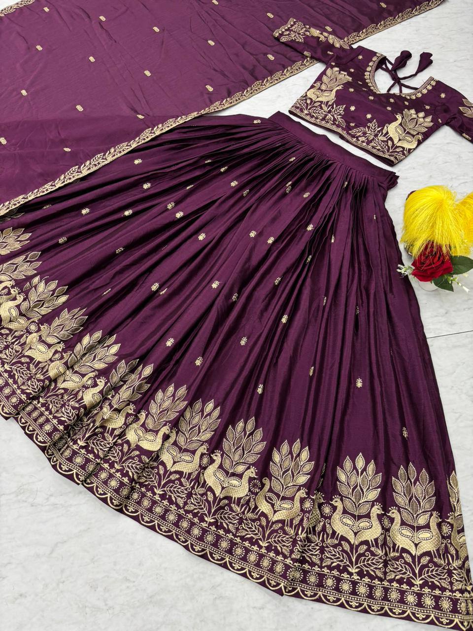 Bhanumati wine purple chinon embroidery work lehenga choli set