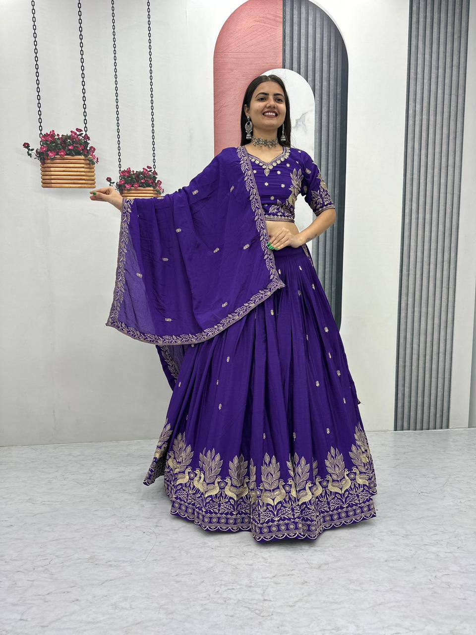 Bhanumati royal purple chinon embroidery work lehenga choli set