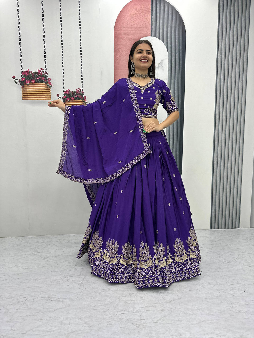 Bhanumati royal purple chinon embroidery work lehenga choli set