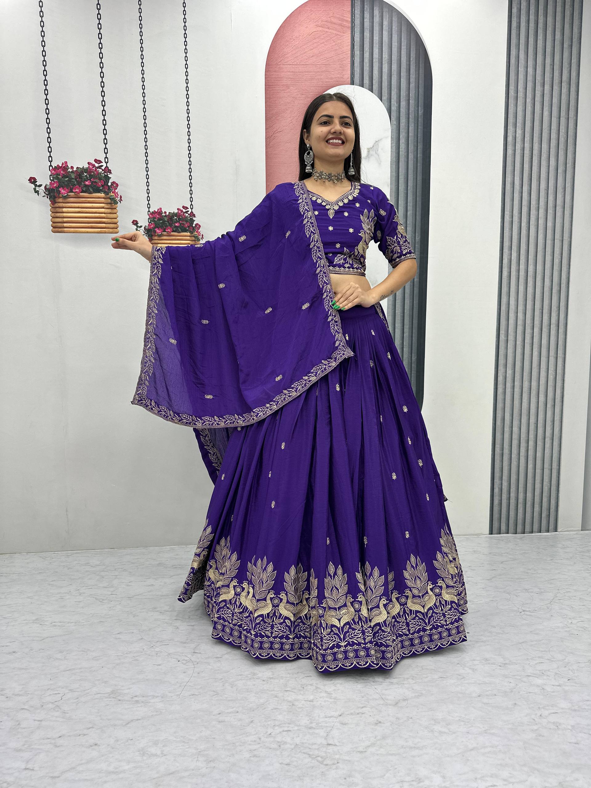Bhanumati royal purple chinon embroidery work lehenga choli set