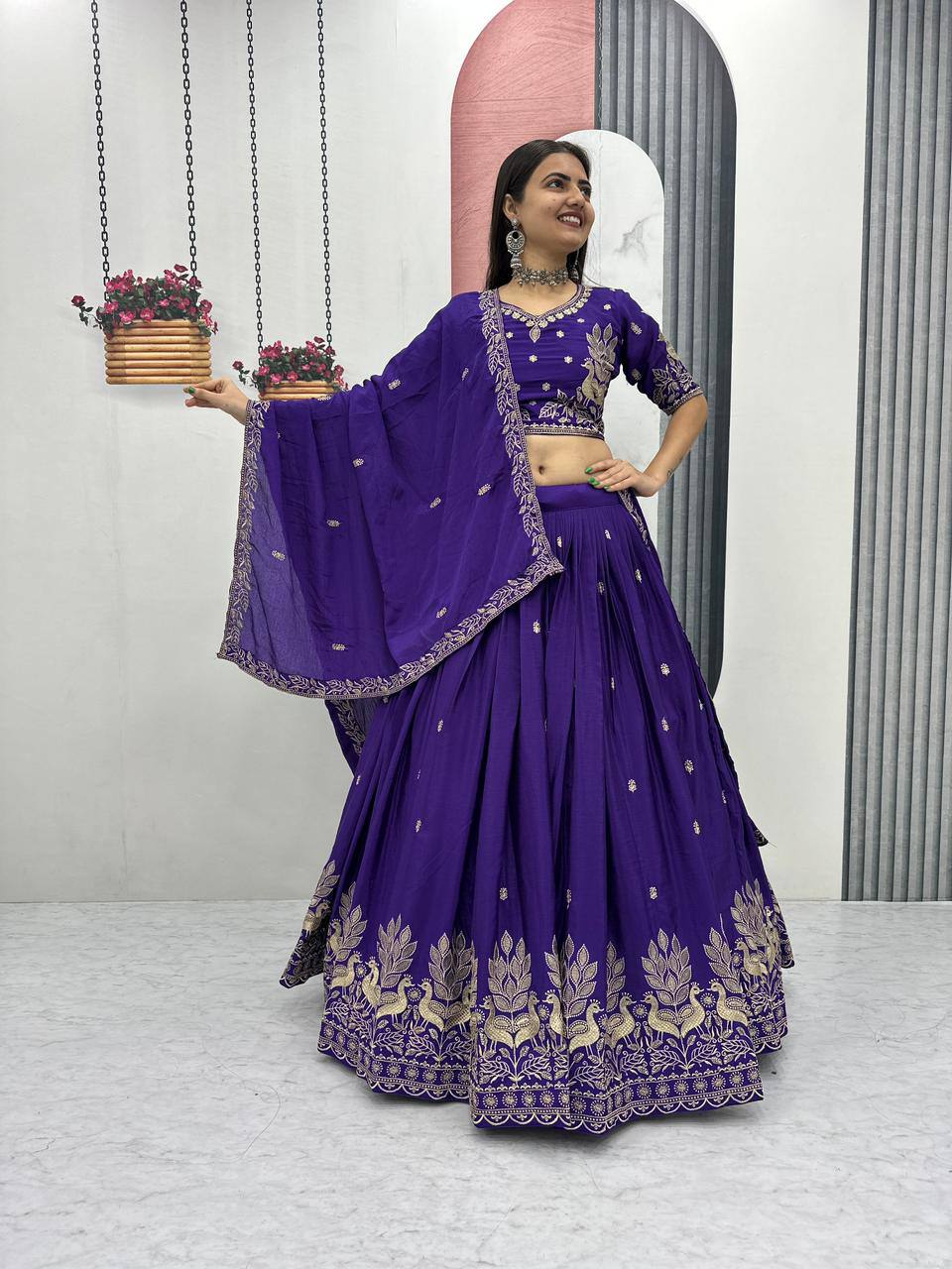 Bhanumati royal purple chinon embroidery work lehenga choli set