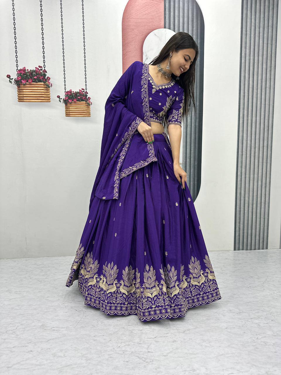 Bhanumati royal purple chinon embroidery work lehenga choli set