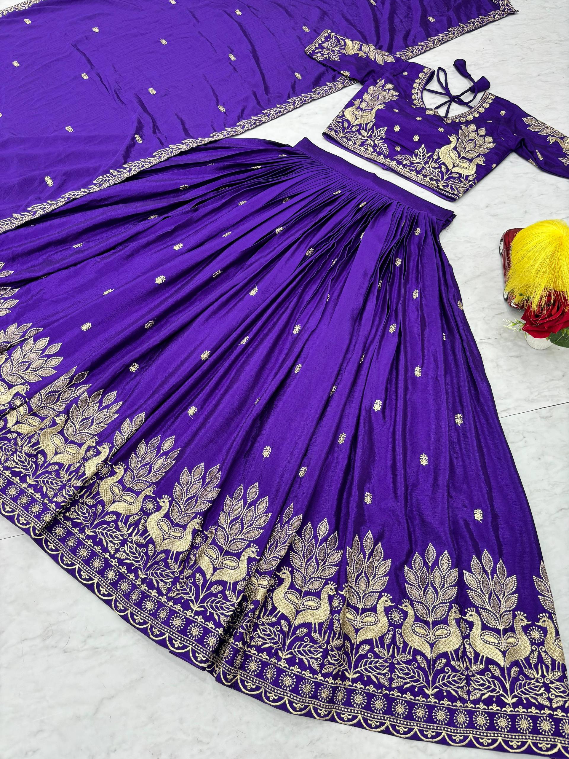 Bhanumati royal purple chinon embroidery work lehenga choli set