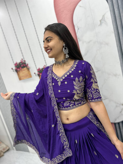 Bhanumati royal purple chinon embroidery work lehenga choli set