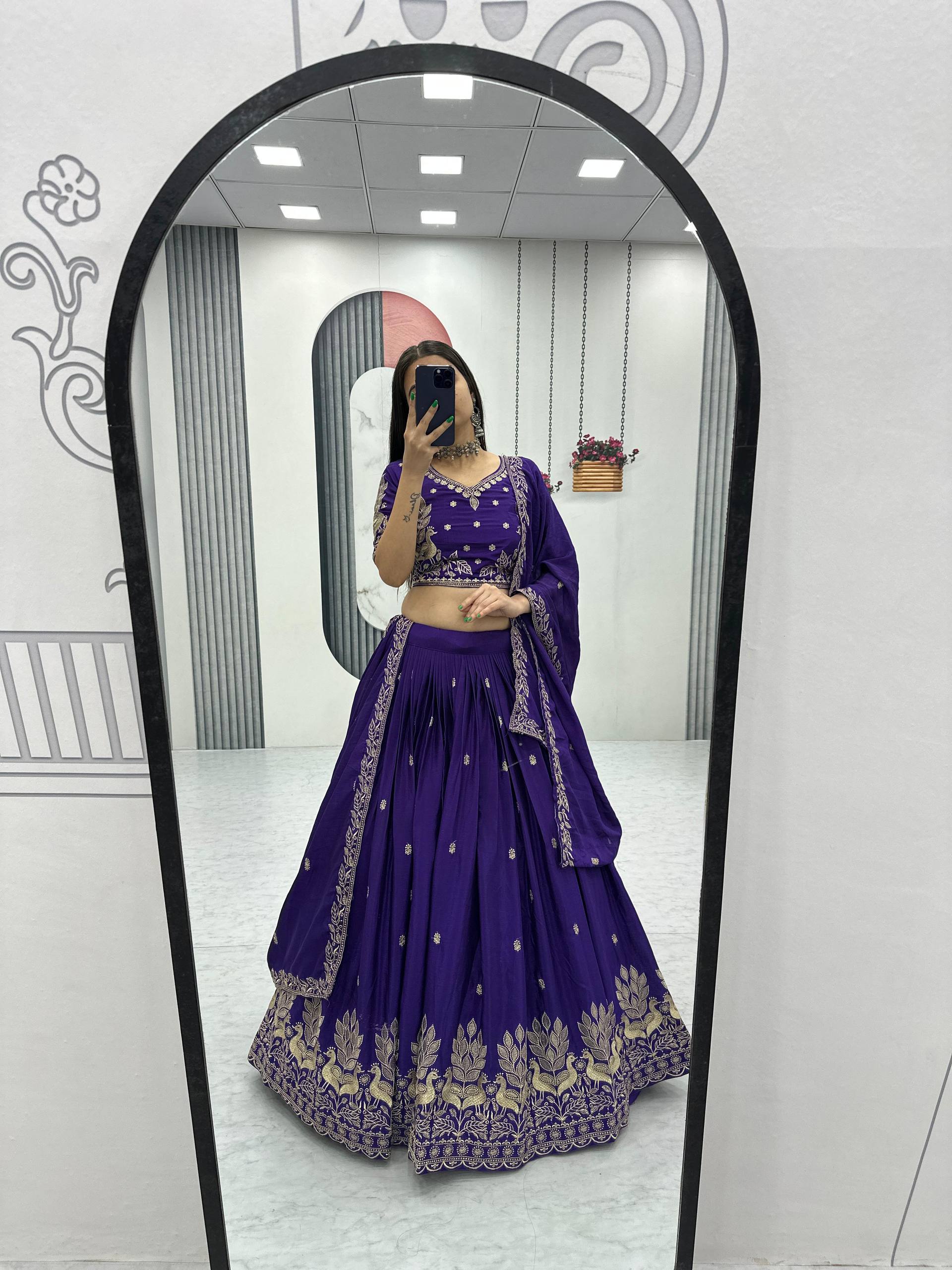 Bhanumati royal purple chinon embroidery work lehenga choli set