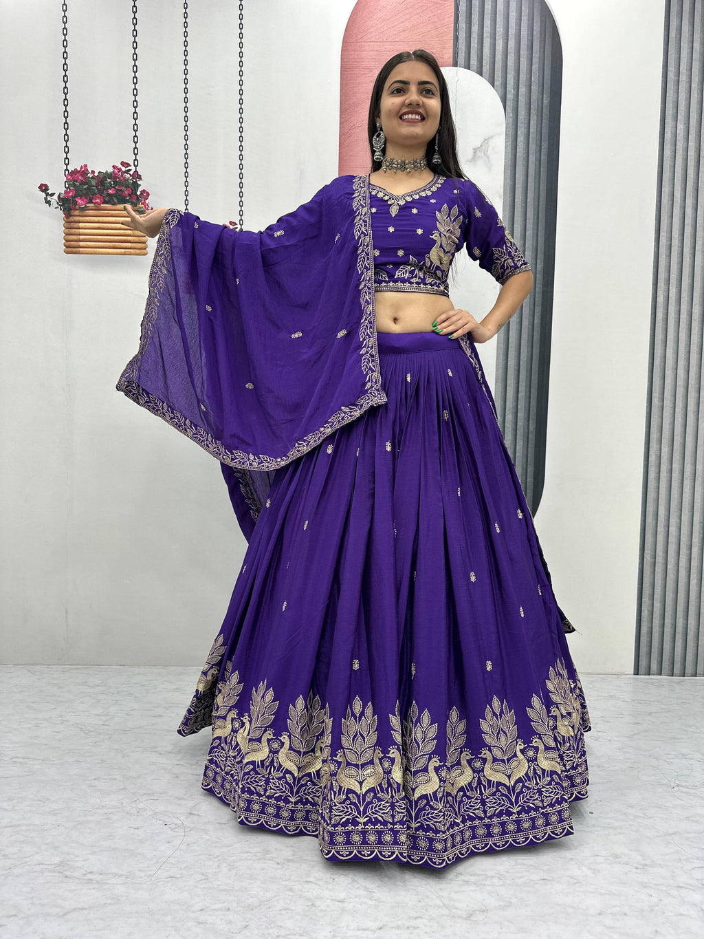 Bhanumati royal purple chinon embroidery work lehenga choli set