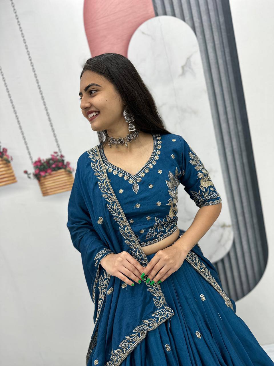Bhanumati teal blue chinon embroidery work lehenga choli set