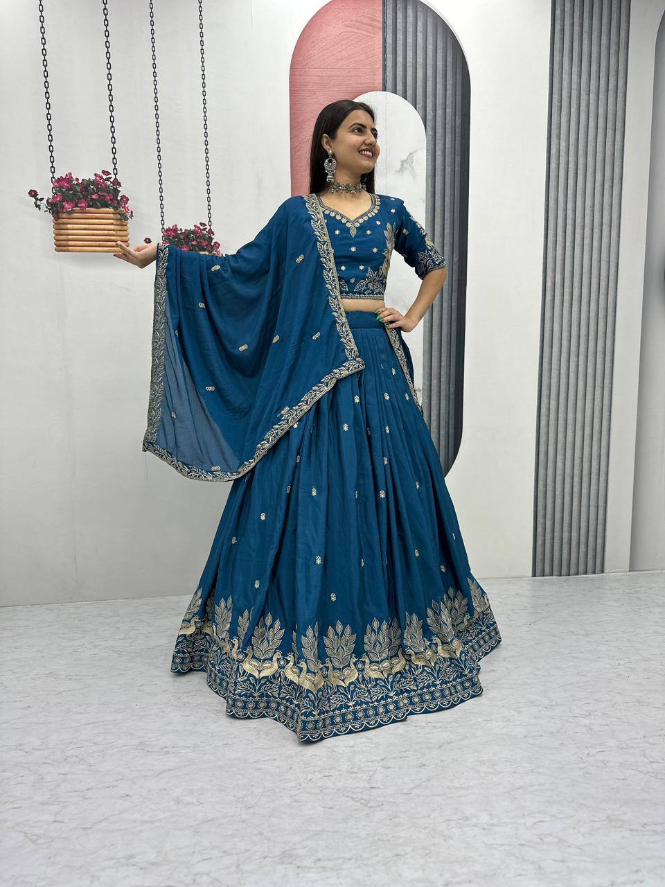 Bhanumati teal blue chinon embroidery work lehenga choli set