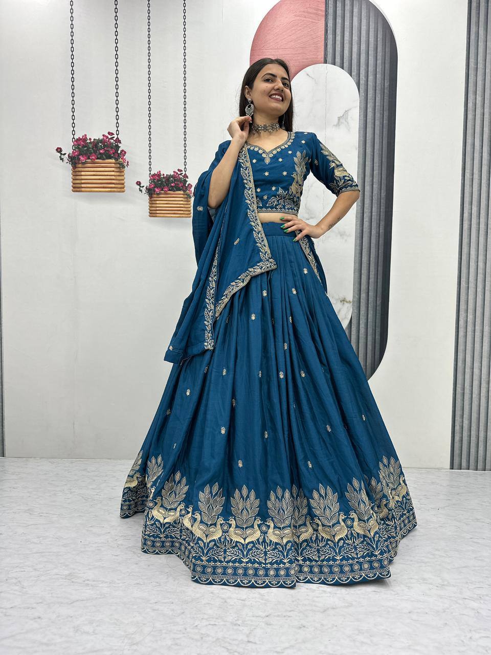 Bhanumati teal blue chinon embroidery work lehenga choli set