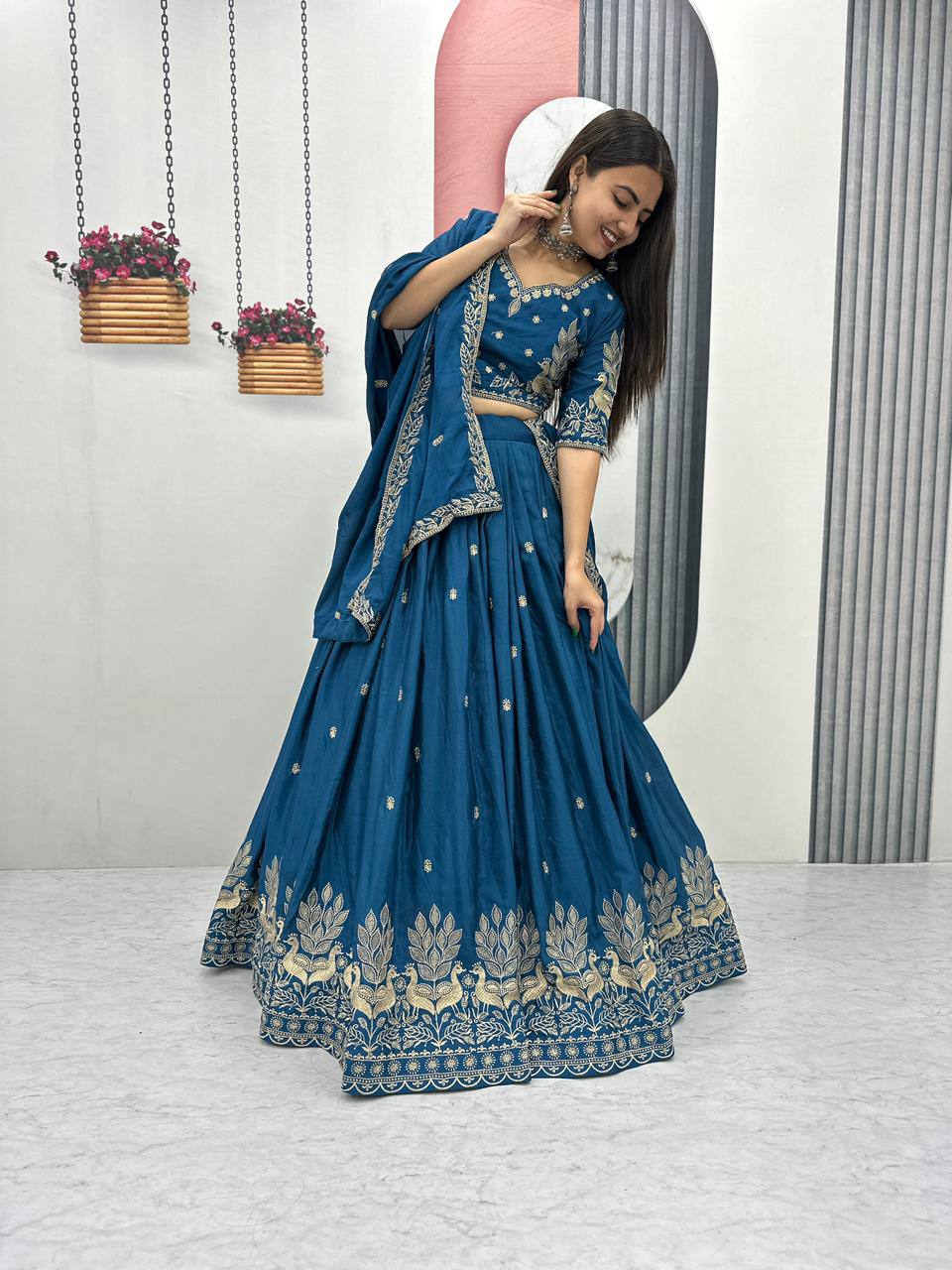 Bhanumati teal blue chinon embroidery work lehenga choli set