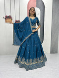 Bhanumati teal blue chinon embroidery work lehenga choli set