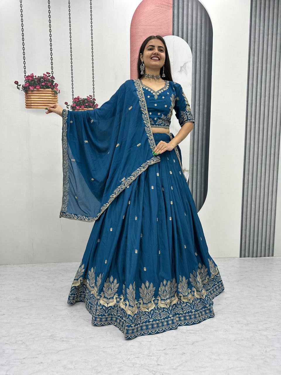 Bhanumati teal blue chinon embroidery work lehenga choli set