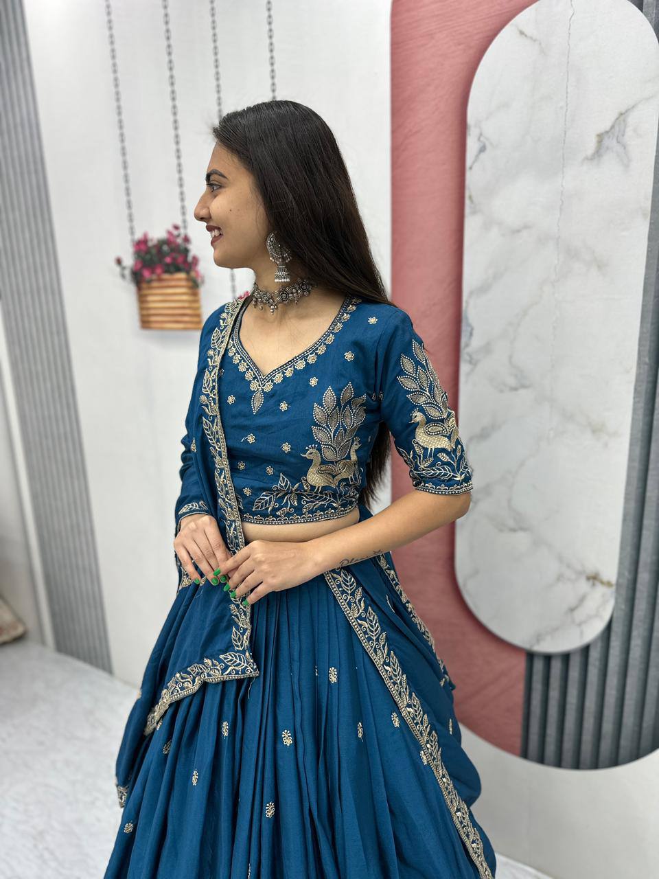 Bhanumati teal blue chinon embroidery work lehenga choli set