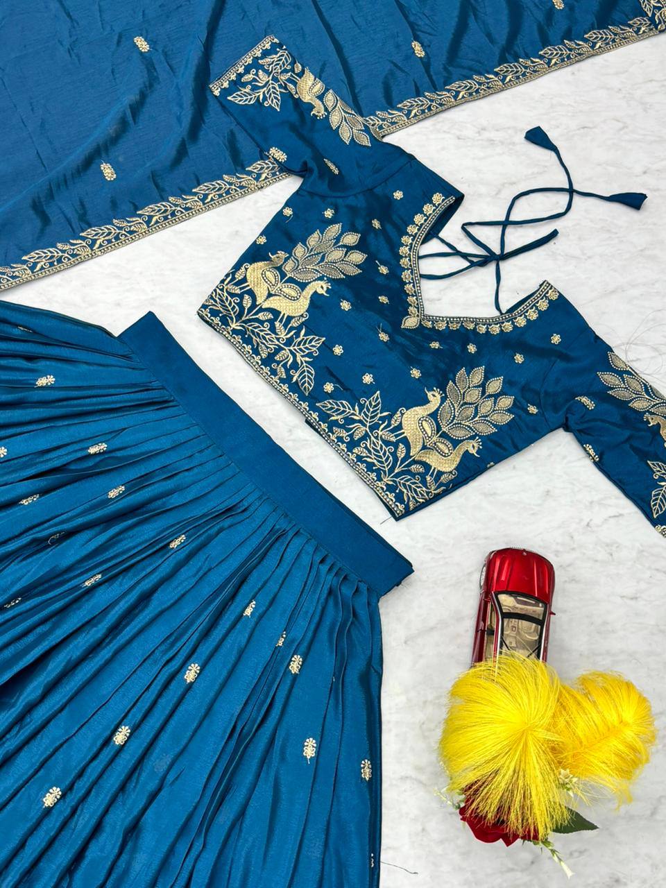 Bhanumati teal blue chinon embroidery work lehenga choli set