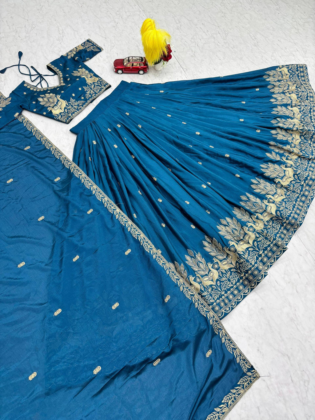 Bhanumati teal blue chinon embroidery work lehenga choli set