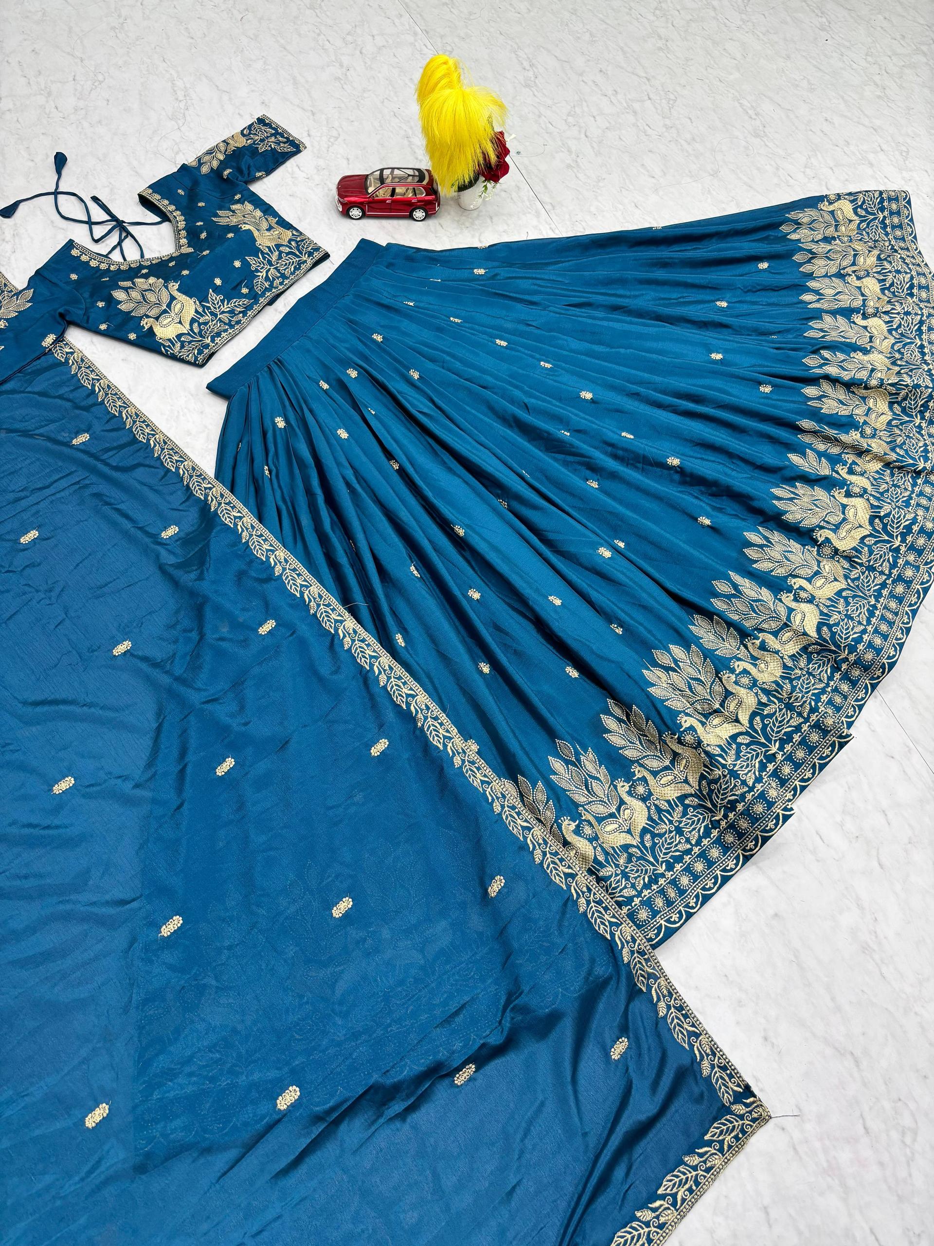 Bhanumati teal blue chinon embroidery work lehenga choli set