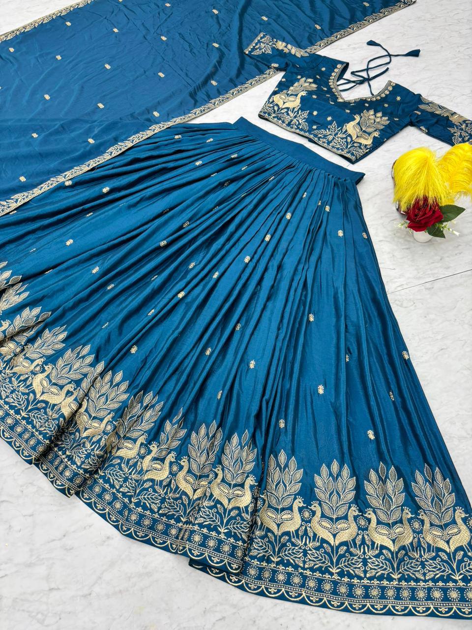 Bhanumati teal blue chinon embroidery work lehenga choli set