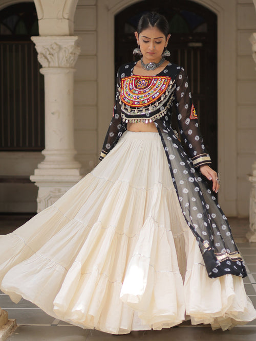 Black bandhani print kurti with kutchi patchwork kora cotton lehenga