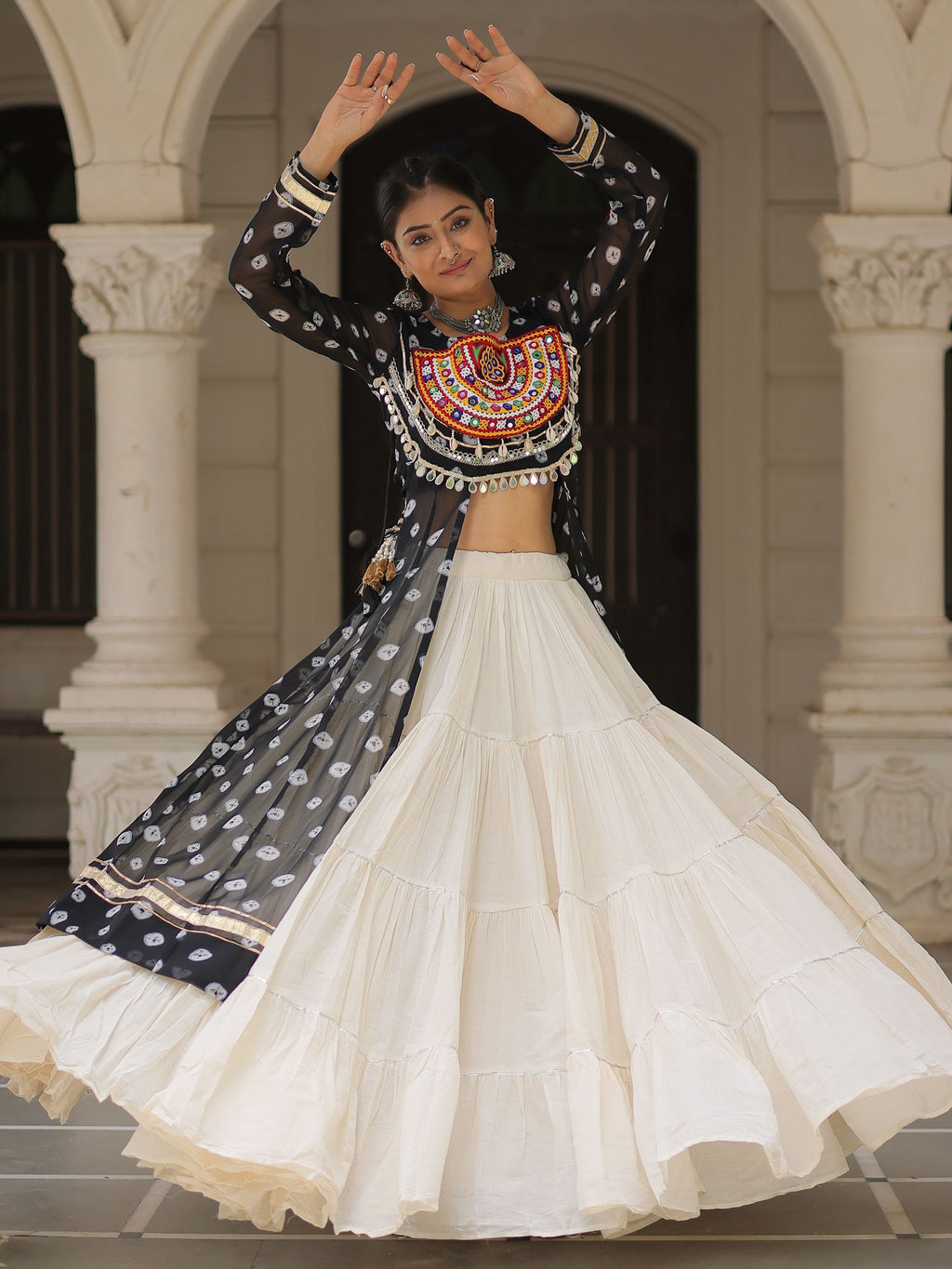 Black Bandhani Print Kurti with Kutchi Patchwork Kora Cotton Lehenga