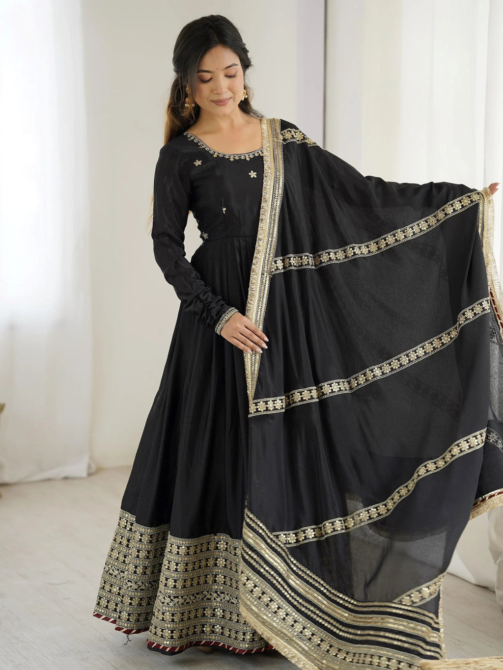 Black chinon silk embroidered anarkali suit with dupatta