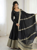 Black chinon silk embroidered anarkali suit with dupatta