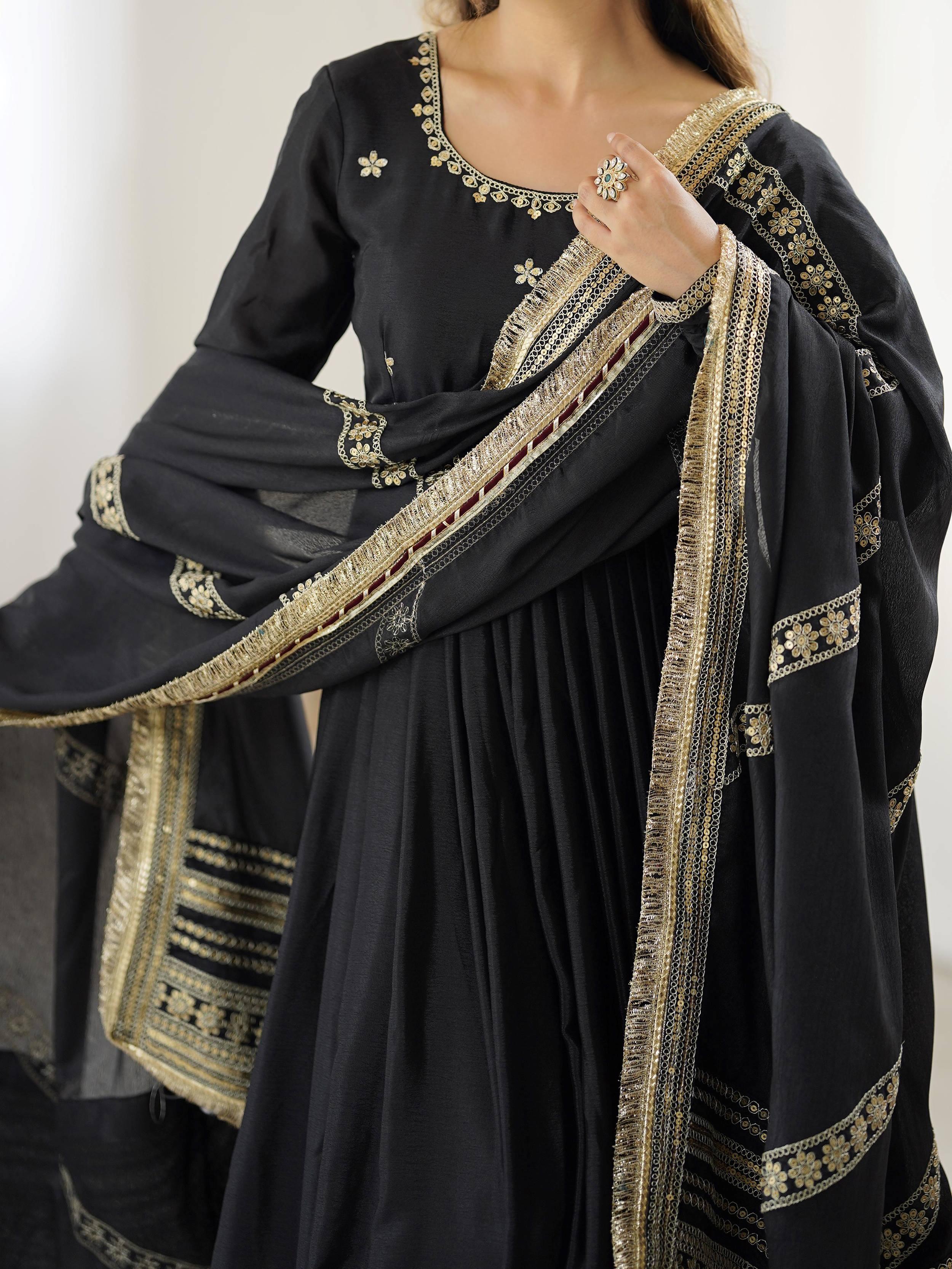 Black chinon silk embroidered anarkali suit with dupatta