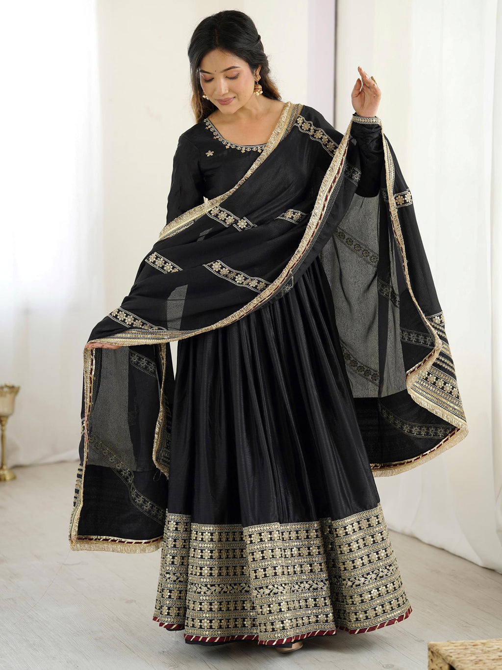 Black chinon silk embroidered anarkali suit with dupatta