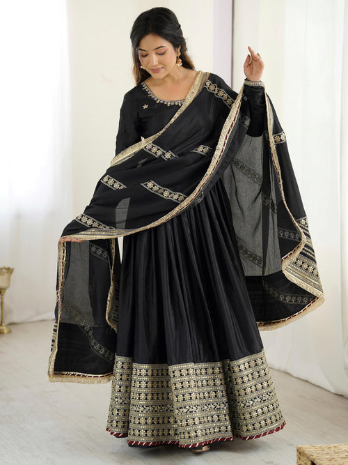 Black chinon silk embroidered anarkali suit with dupatta