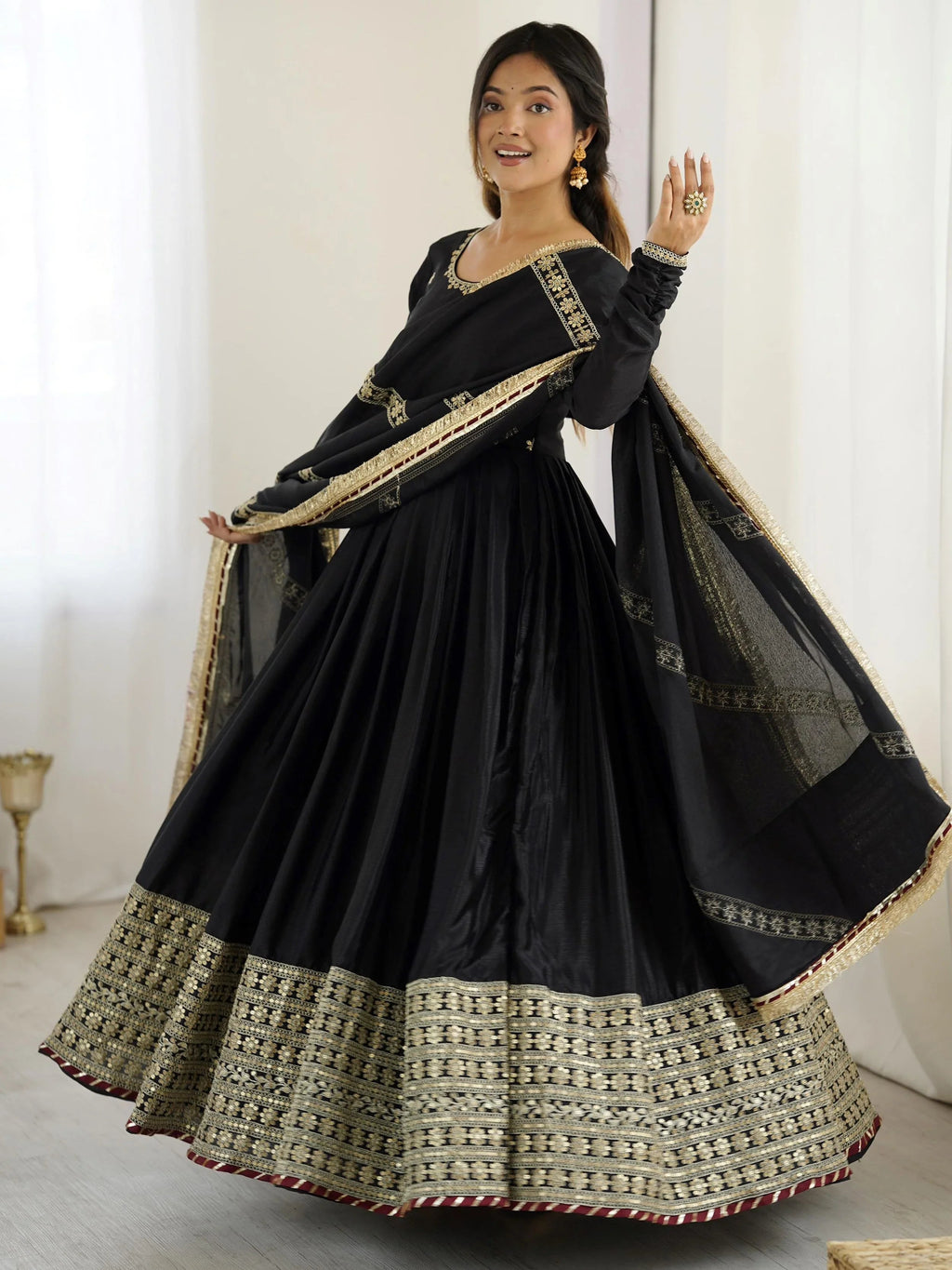 Black chinon silk embroidered anarkali suit with dupatta