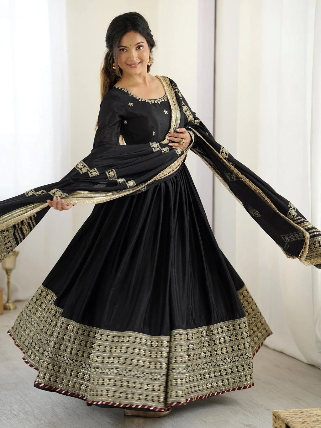 Black chinon silk embroidered anarkali suit with dupatta