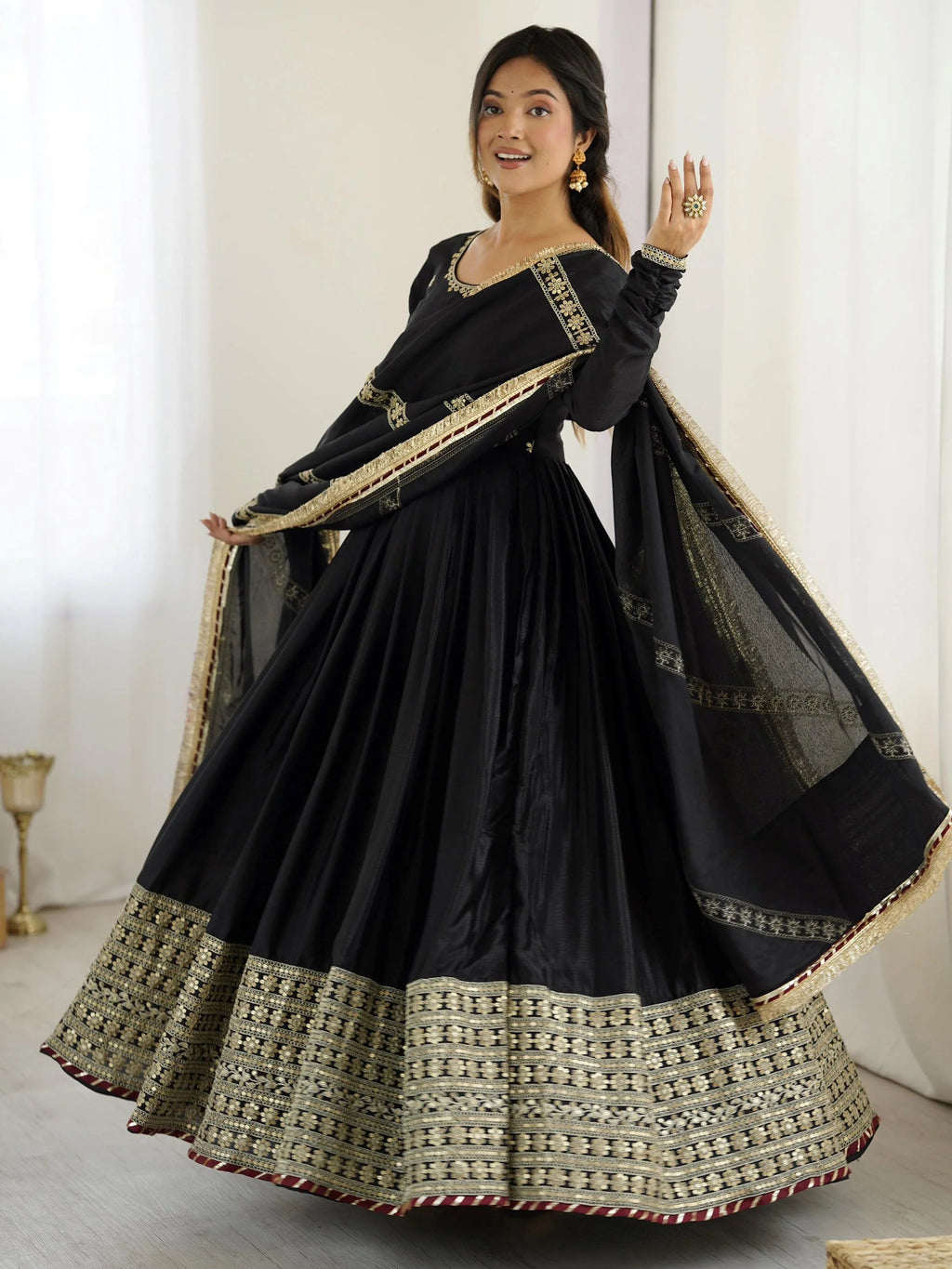 Black chinon silk embroidered anarkali suit with dupatta