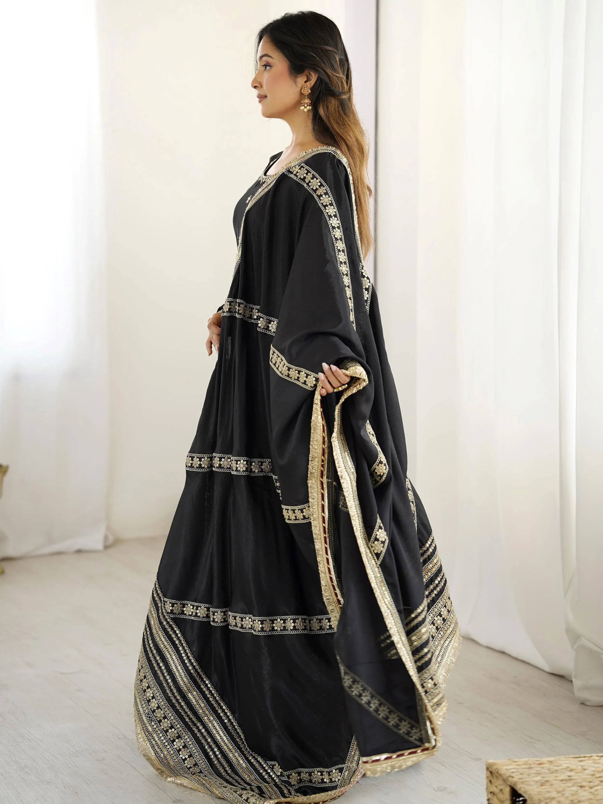 Black chinon silk embroidered anarkali suit with dupatta