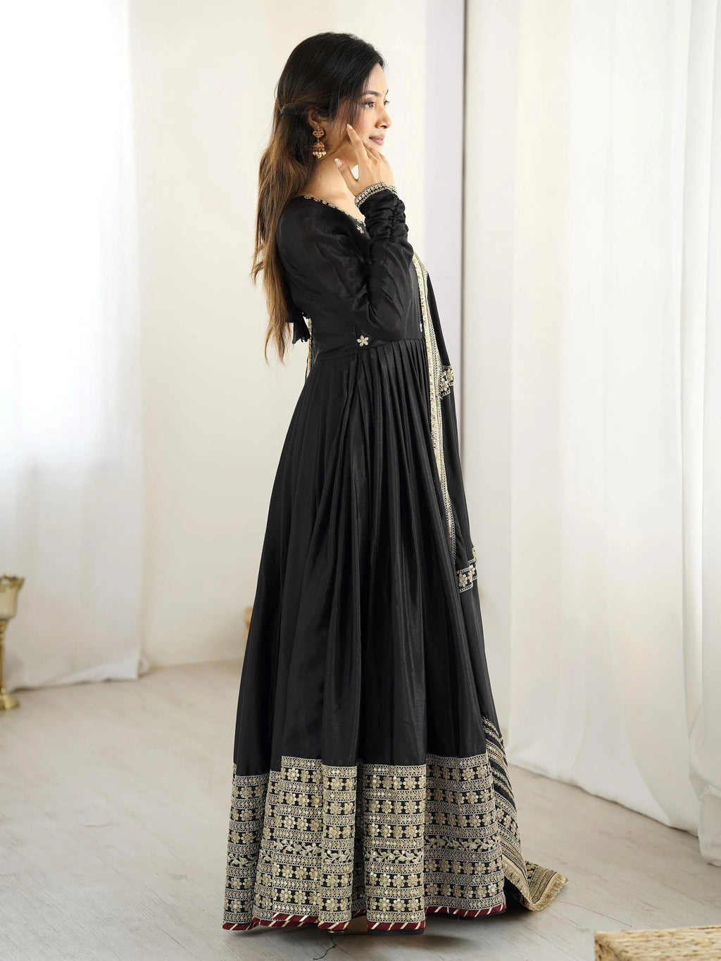 Black chinon silk embroidered anarkali suit with dupatta
